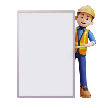 3D Construction Worker Character Presenting on Blank Placard png
