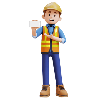 3D Construction Worker Character Presenting on Empty Phone Screen png