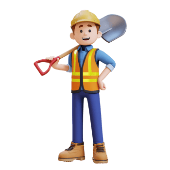 3D Construction Worker Character Holding a Shovel in Confident Pose png