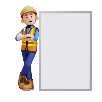 3D Construction Worker Character Lying on Blank Placard in Crossed Arm Pose png