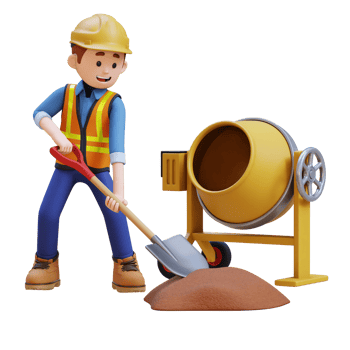 3D Construction Worker Character Work with Shovel and a Concrete Mixer Making Cement png