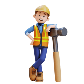 3D Construction Worker Character Lying on Big Hammer png