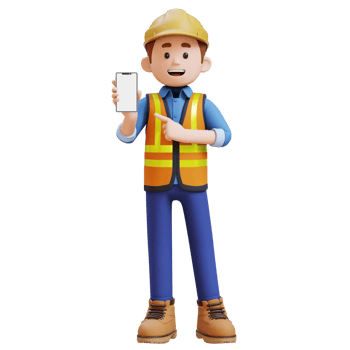 3D Construction Worker Character Pointing to Empty Phone Screen png