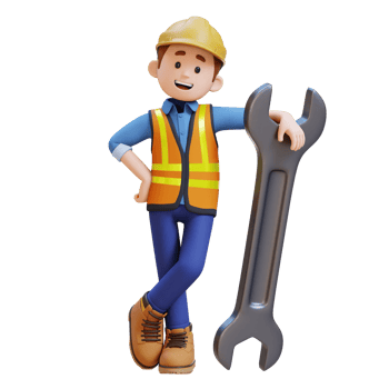 3D Construction Worker Character Lying on Big Wrench png