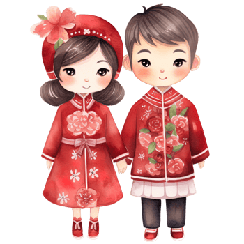 AI generated Chinese New Year Kawaii Red Couple - Festive Watercolor Clipart png