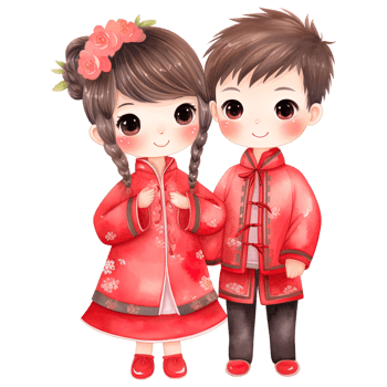 AI generated Chinese New Year Kawaii Red Couple - Festive Watercolor Clipart png