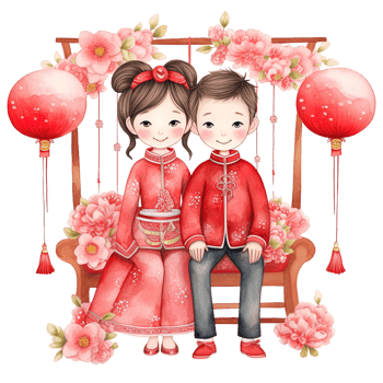 AI generated Chinese New Year Kawaii Red Couple - Festive Watercolor Clipart png