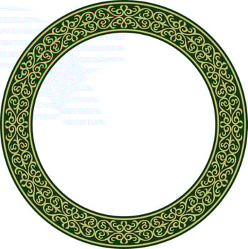 Vector gold and green Kazakh national round pattern, frame. Ethnic ornament of the nomadic peoples of Asia, the Great Steppe, Kazakhs, Kirghiz, Kalmyks, Mongols, Buryats, Turkmens
