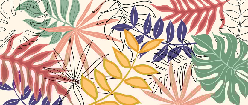 Tropical leaves background vector. Botanical foliage banner design hand drawn colorful palm leaf, monstera leaves line art. Design for wallpaper, cover, cards, packaging, flyer, fabric. vector