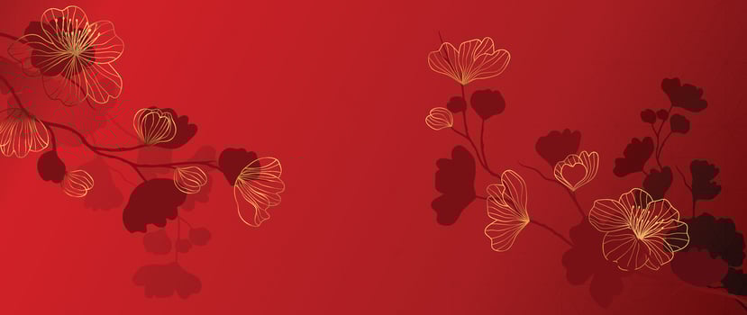 Elegant Chinese oriental pattern background vector. Elegant cherry blossom flower golden line art on red background. Design illustration for happy new year, wallpaper, banner, card. vector