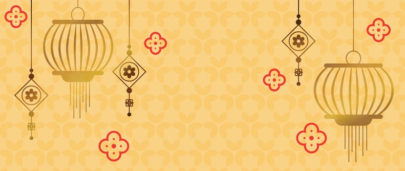 Happy Chinese new year background vector. Year of the dragon design wallpaper with flower, hanging lantern, chinese pattern. Modern luxury oriental illustration for cover, banner, website, decor. vector