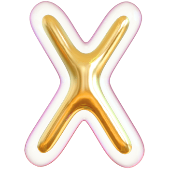 Gold bubble letter X font 3d render png
