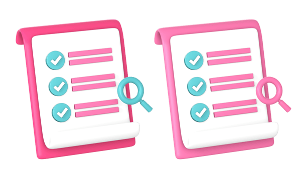 3d searching item list with check mark and magnifying glass icon illustration for UI UX web mobile apps social media ads png