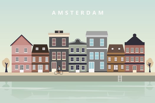 Amsterdam cityscape with ancient houses, water canals, and bicycles. Vector illustration.