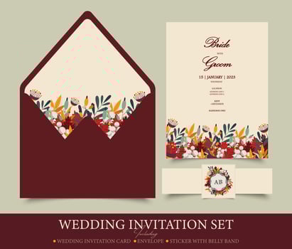 Colorful wedding invitation set template with leaves, branches and pollen. Set of three vector templates includes a wedding invitation card, an envelope and a sticker.