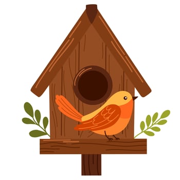 Birdhouse with a bird. Beautiful birdie. Cartoon vector illustration isolated on white background.