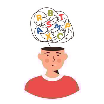 Confused kid with a cloud of scattered letters above his head. Dyslexia concept. Failing to read. Learning disability. Flat vector character illustration isolated on white background.