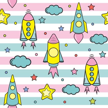 Space elements seamless pattern. Space background. Space doodle illustration. Vector illustration. Seamless pattern with cartoon space rockets, planets and stars.