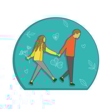 Clipart illustration of a hand drawn couple walking hand in hand with an abstract floral background in paper cut style vector