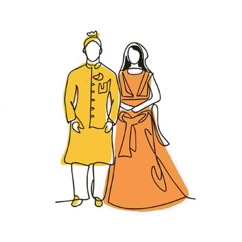 Indian couple cartoon in traditional dress posing for mehndi ceremony invitation card design vector