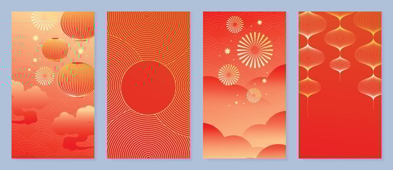Chinese New Year 2024 card background vector. Year of the dragon design with golden lantern, firework, chinese pattern. Elegant oriental illustration for cover, banner, website, calendar, envelope. vector