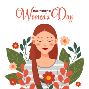 International Women's Day greeting card with beautiful woman and flowers png