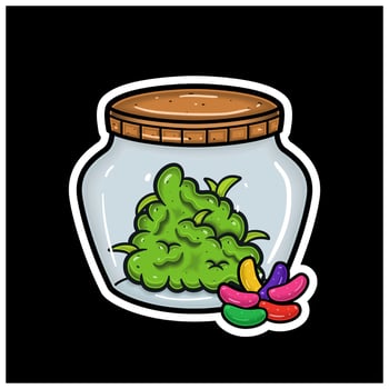 Jelly Bean Flavor With Cartoon Mascot of Weed Bud On Jar. For Sticker and label. vector