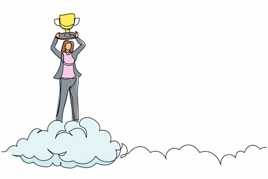 Single one line drawing businesswoman holding trophy in cloud. Celebrating victory in sky. Business success goal achievement. Winning award competition. Continuous line draw design vector illustration