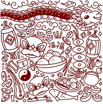 Set of Chinese new year doodle isolated on white background, year of Dragon vector