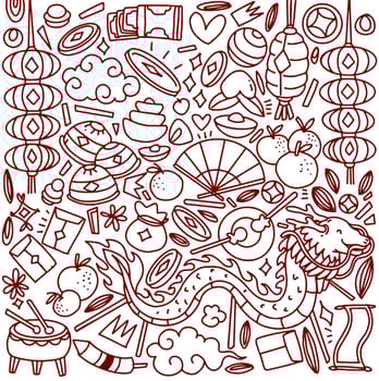 Set of hand drawn Chinese new year doodle, year of Dragon vector