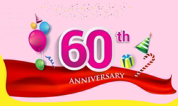 60th Years Anniversary Celebration Design, with gift box and balloons, ribbon, Colorful Vector template elements for your birthday celebrating party.