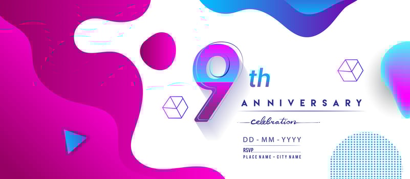 9th years anniversary logo, vector design birthday celebration with colorful geometric background and circles shape.