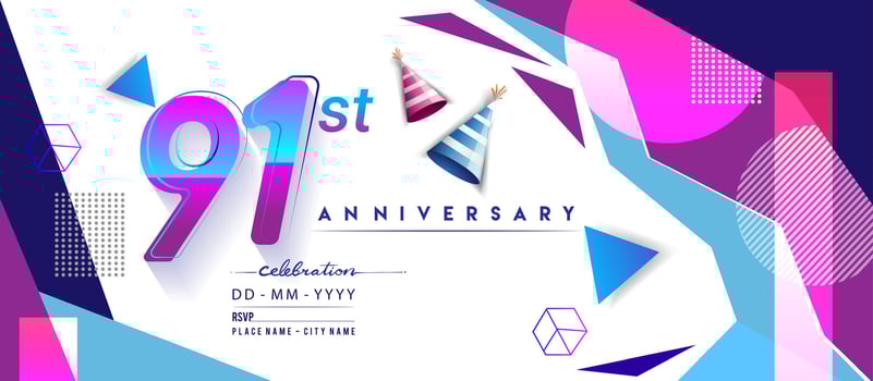 91st years anniversary logo, vector design birthday celebration with colorful geometric background and circles shape.