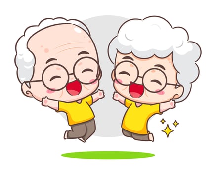 cute couple grandparents show love sign. Grandpa and grandma cartoon character. Happy old couple. Chibi vector style. Isolated white background