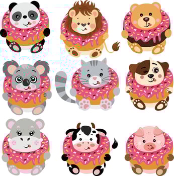 Set of cute animals inside a delicious donut vector