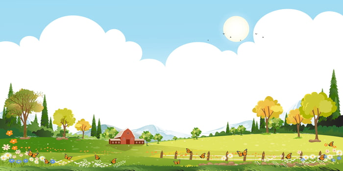 Spring Background with Sky,Cloud,Grass field,Flower on Hill and Forest Tree in Village,Vector Cartoon Summer landscape peaceful rural nature in the park,Panoramic Banner for Easter vector