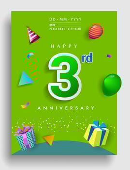 10th Years Anniversary invitation Design, with gift box and balloons, ribbon, Colorful Vector template elements for birthday celebration party.
