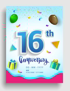 10th Years Anniversary invitation Design, with gift box and balloons, ribbon, Colorful Vector template elements for birthday celebration party.