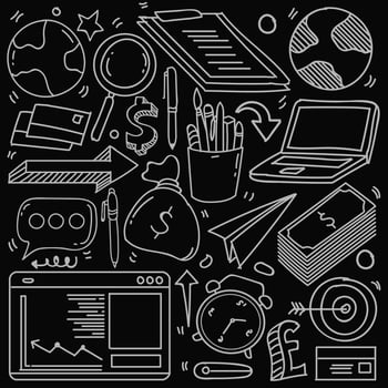 Set of business theme in doodle style isolated on black background, Vector hand drawn set business theme. Vector illustration