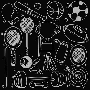 Set of hand drawn sport theme isolated on black background, doodle set of sport theme. Vector illustration