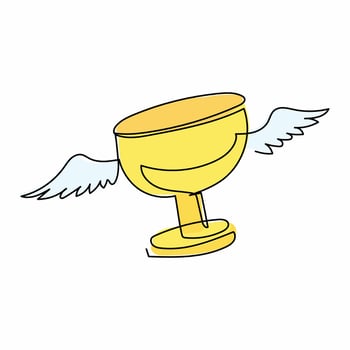 Single one line drawing flying trophy cup with wings. Victory and triumph of person, congratulation on trophy receiving. Championship award. Continuous line draw design graphic vector illustration