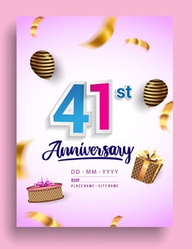 41st Years Anniversary invitation Design, with gift box and balloons, ribbon, Colorful Vector template elements for birthday celebration party.