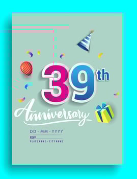 39th Years Anniversary invitation Design, with gift box and balloons, ribbon, Colorful Vector template elements for birthday celebration party.