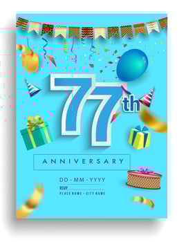 77th Years Anniversary invitation Design, with gift box and balloons, ribbon, Colorful Vector template elements for birthday celebration party.