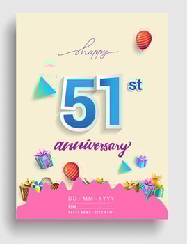 51st Years Anniversary invitation Design, with gift box and balloons, ribbon, Colorful Vector template elements for birthday celebration party.