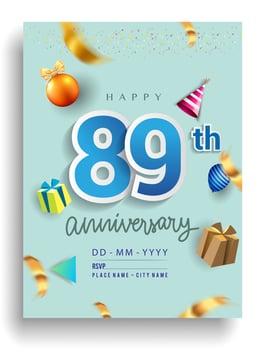 89th Years Anniversary invitation Design, with gift box and balloons, ribbon, Colorful Vector template elements for birthday celebration party.