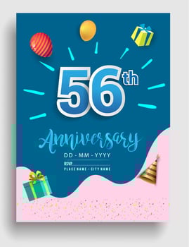 56th Years Anniversary invitation Design, with gift box and balloons, ribbon, Colorful Vector template elements for birthday celebration party.