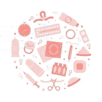 Birth control methods banner or card. Contraception colored flat icons in circle with caption. Set of vector elements for safe sex. Female and male contraceptive items. Vector flat style illustration.