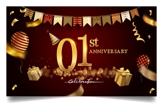 50th years anniversary design for greeting cards and invitation, with balloon, confetti and gift box, elegant design with gold and dark color, design template for birthday celebration. vector