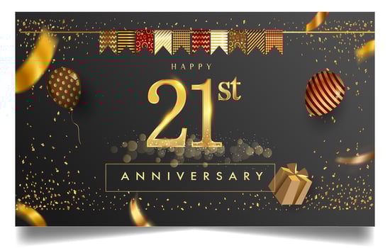 50th years anniversary design for greeting cards and invitation, with balloon, confetti and gift box, elegant design with gold and dark color, design template for birthday celebration. vector